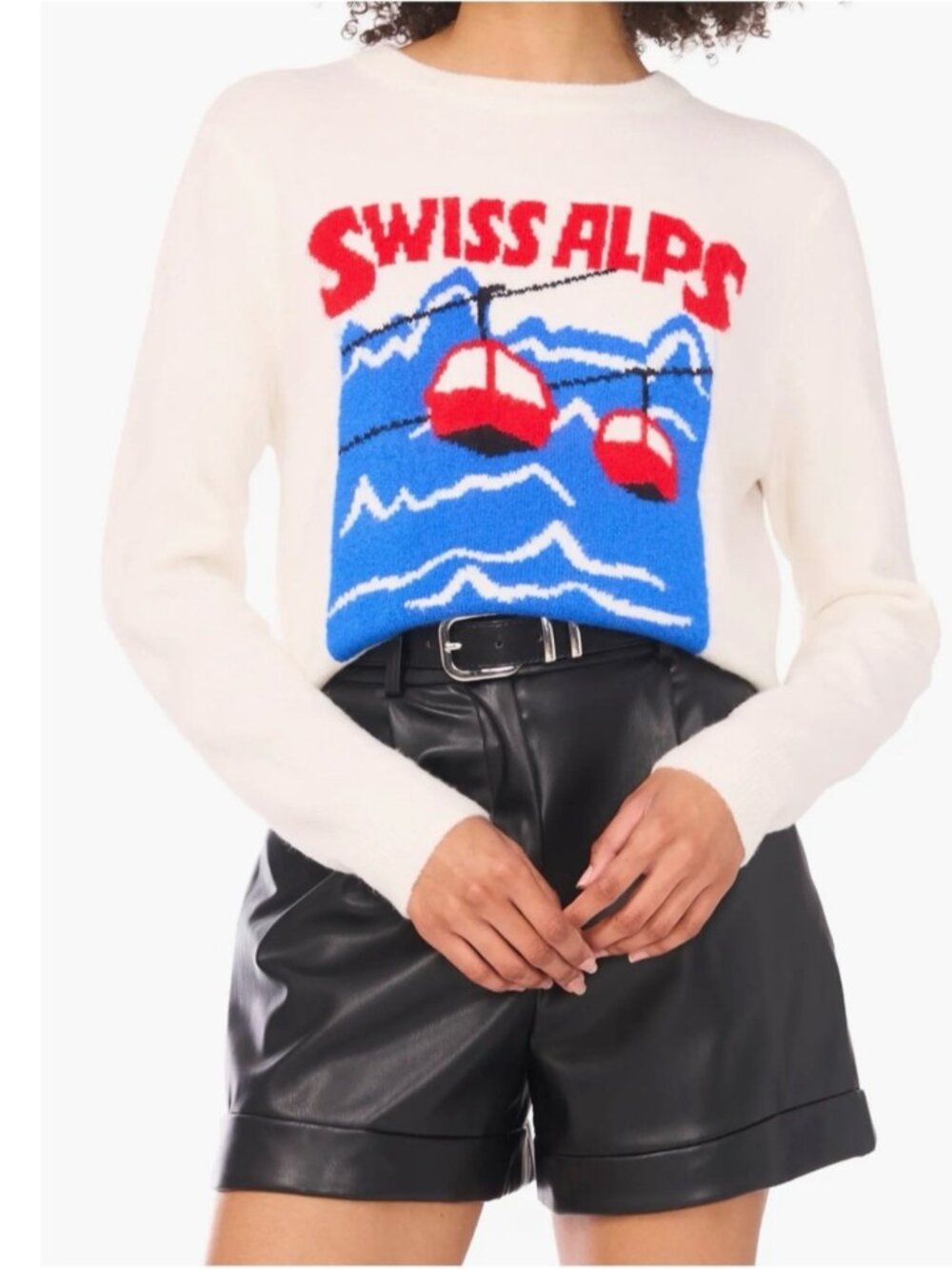 Vince Camuto Cream Crewneck Sweater with Blue & Red Swiss Alps Graphic